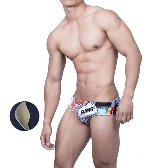 Men's Padded Comic Bang Swim Wear Briefs Push Up Cup Enhancing Size XL - Picture 4 of 10
